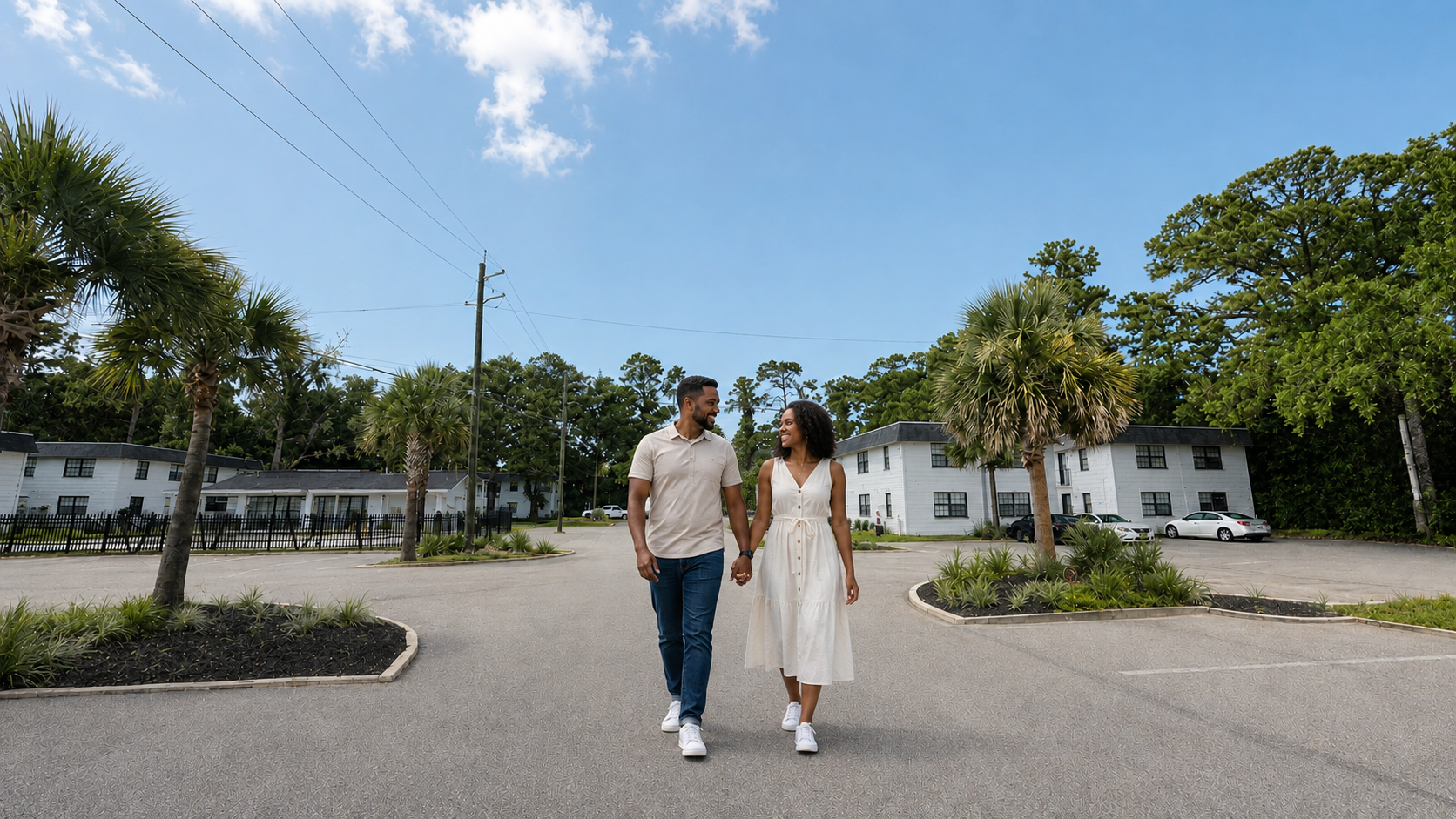 Two people walking hand in hand on a paved path in front of white buildings and trees under a blue sky