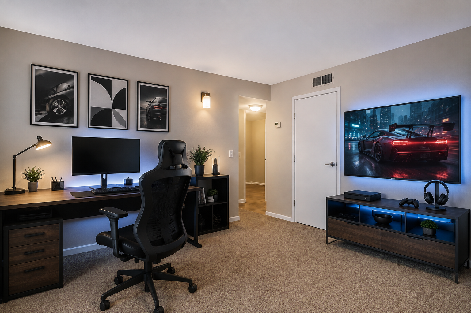 Modern gaming office with dual monitors, black desk chair, wall art, and a TV showing a red sports car.