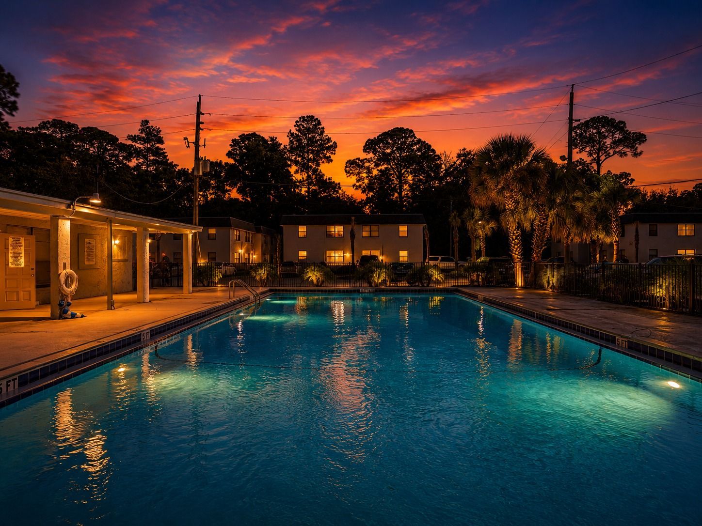 Outdoor swimming pool at dusk with glowing lights, calm water, and a colorful sunset sky over nearby buildings