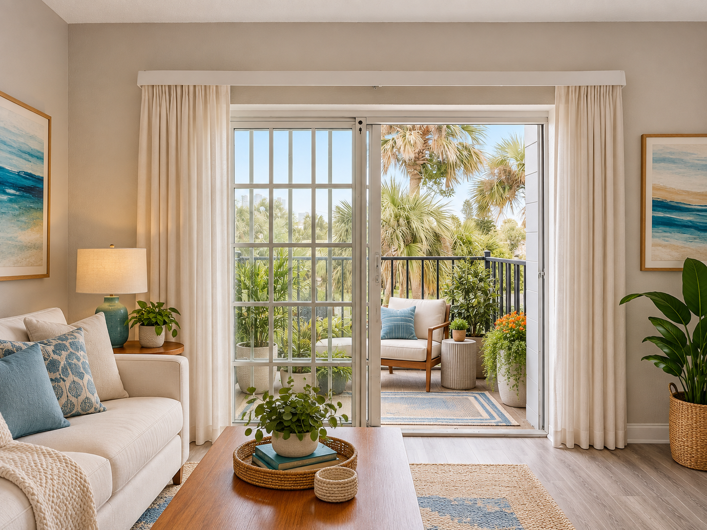 Bright living room with sofa, coffee table, and open sliding doors to a patio and garden.