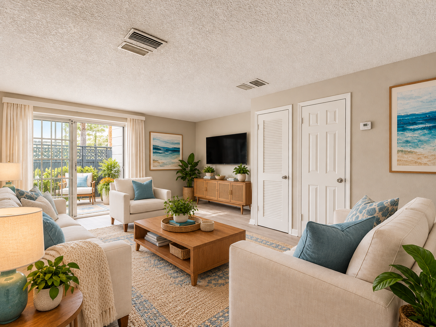 Bright coastal-style living room with beige sofas, wooden coffee table, potted plants, and ocean view through sliding doors
