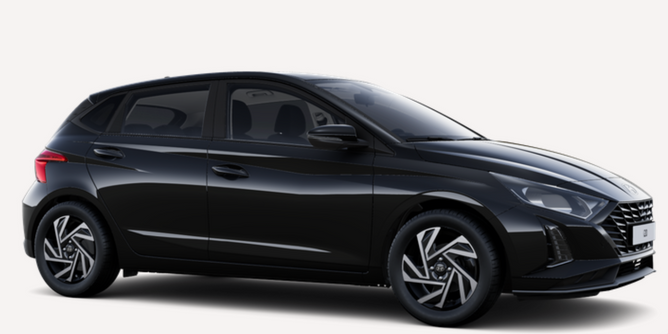 È raffigurata una Hyundai i20 hatchback nera su sfondo bianco.