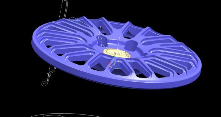 Purple plastic wheel or pulley with radial spokes on a black background