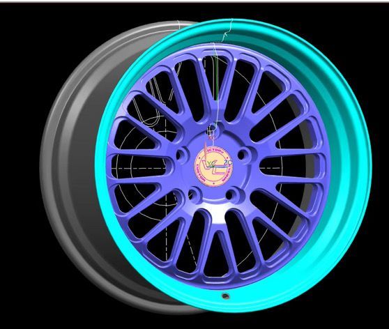 Purple multi-spoke car wheel rim with turquoise outer ring on a black background