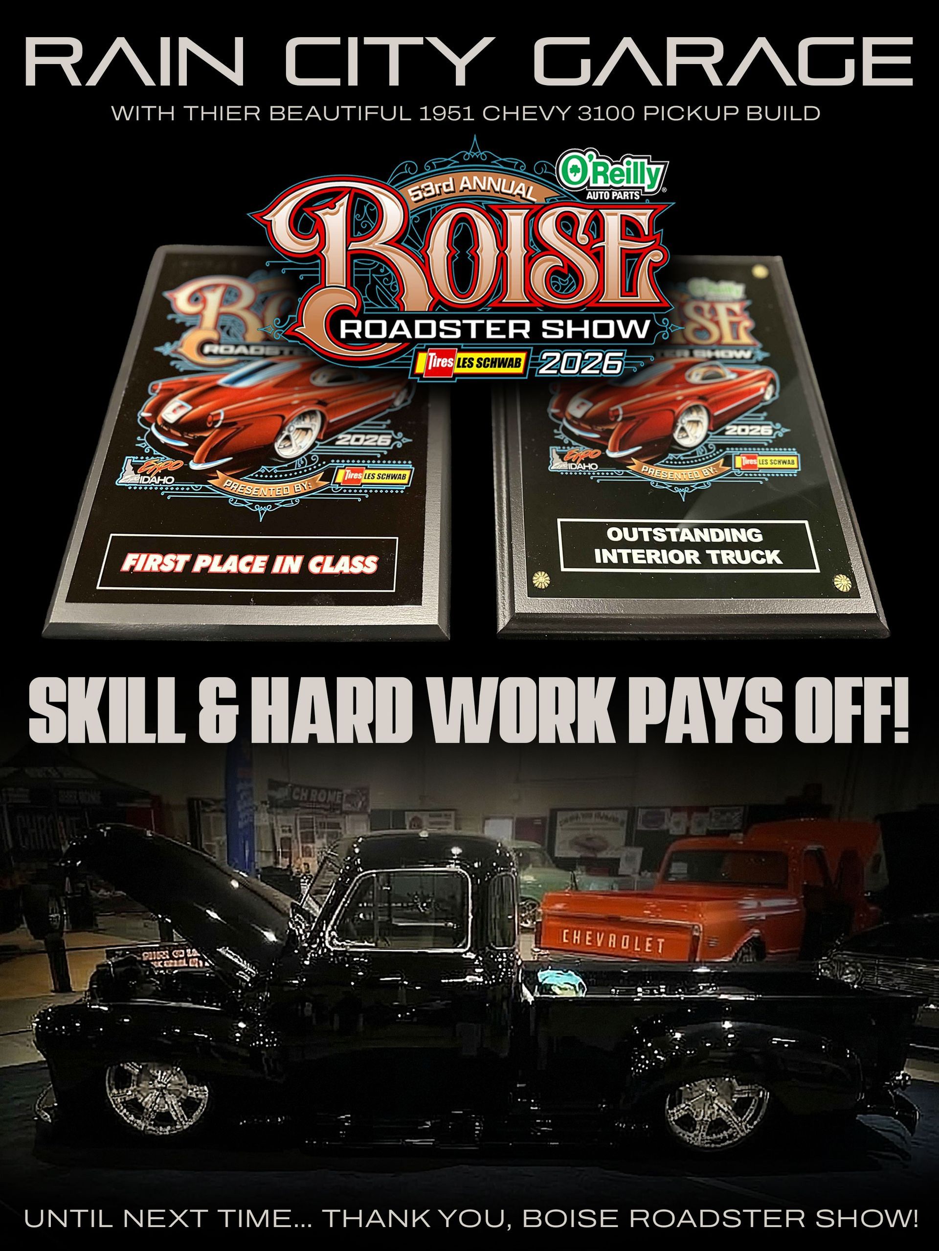 Rain City Garage promo poster for Boise Roadster Show, with custom cars and “Skill & Hard Work Pays Off!” text