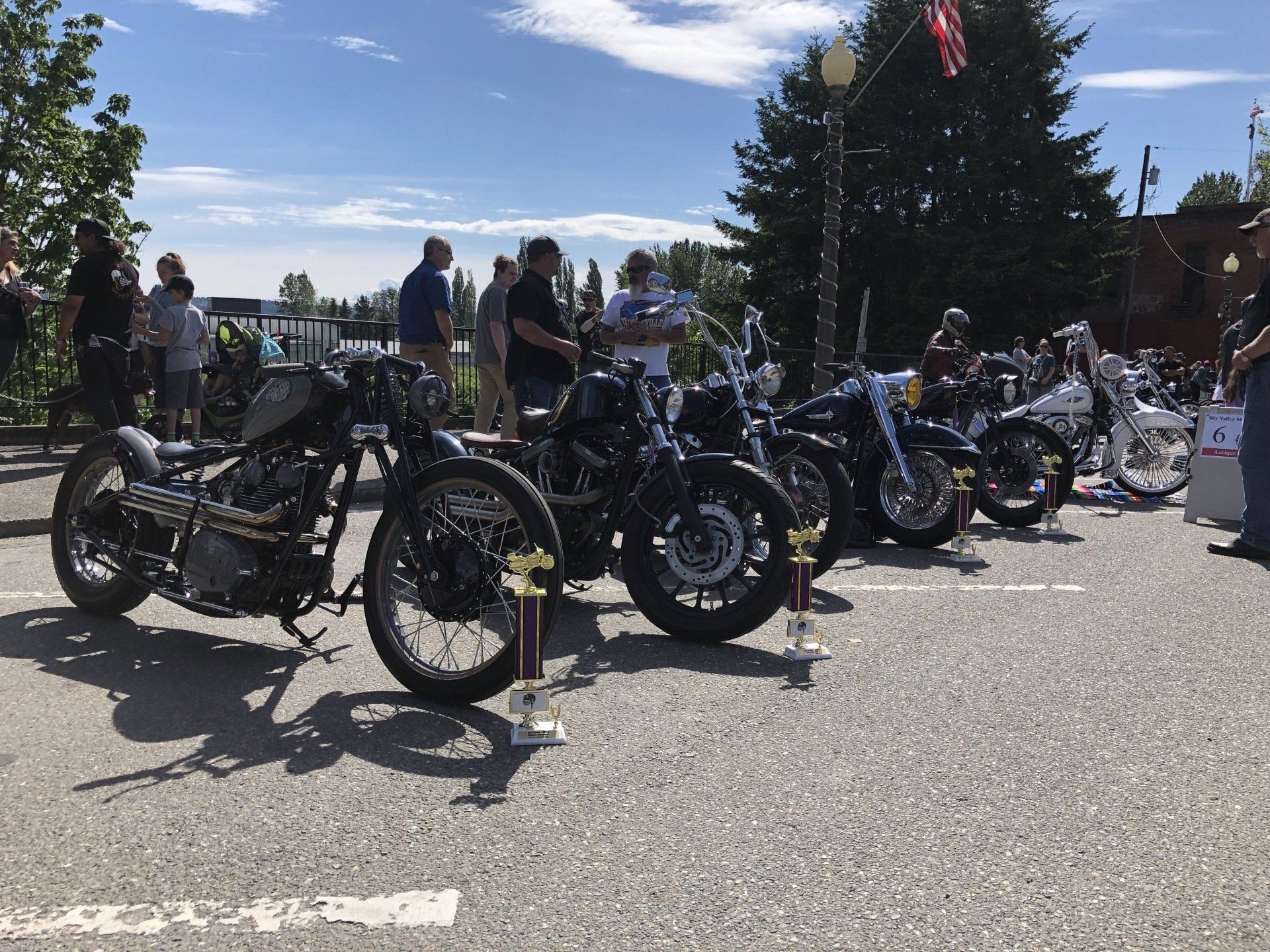 Row of vintage motorcycles parked outdoors at a sunny community event