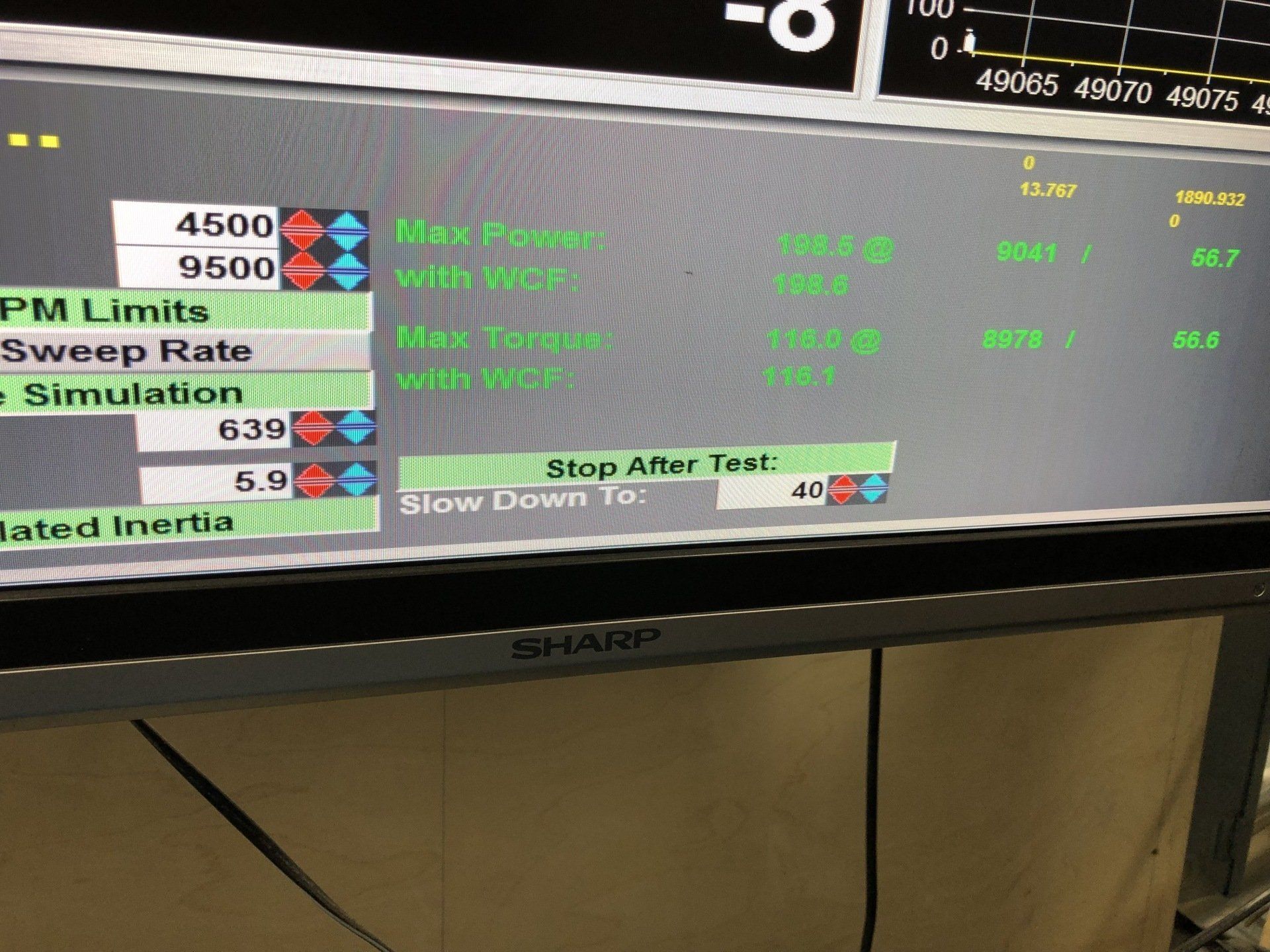Blurred monitor displaying a technical control menu with green text and numeric settings
