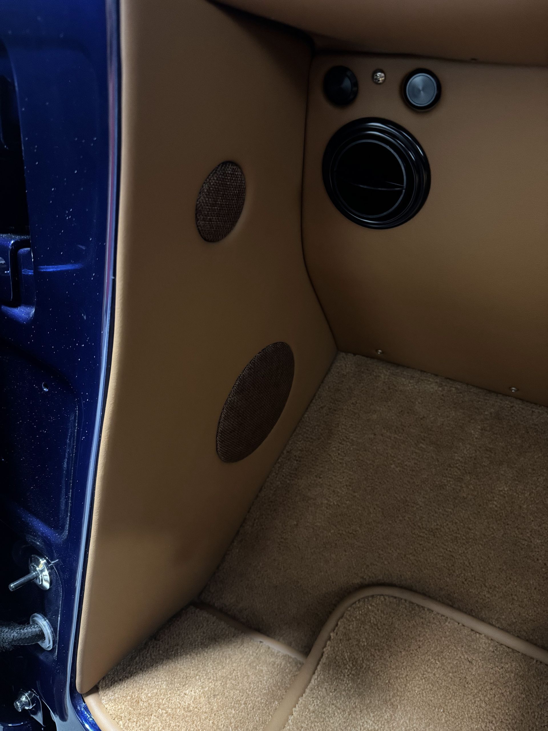 Tan car interior panel with circular speaker, vents, and blue door frame visible