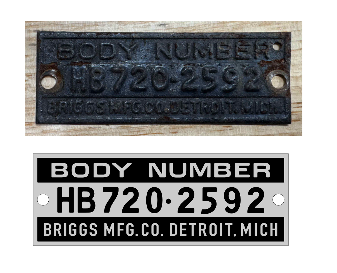 Close-up of a Briggs body number plate reading HB7202592, shown in worn and clean versions
