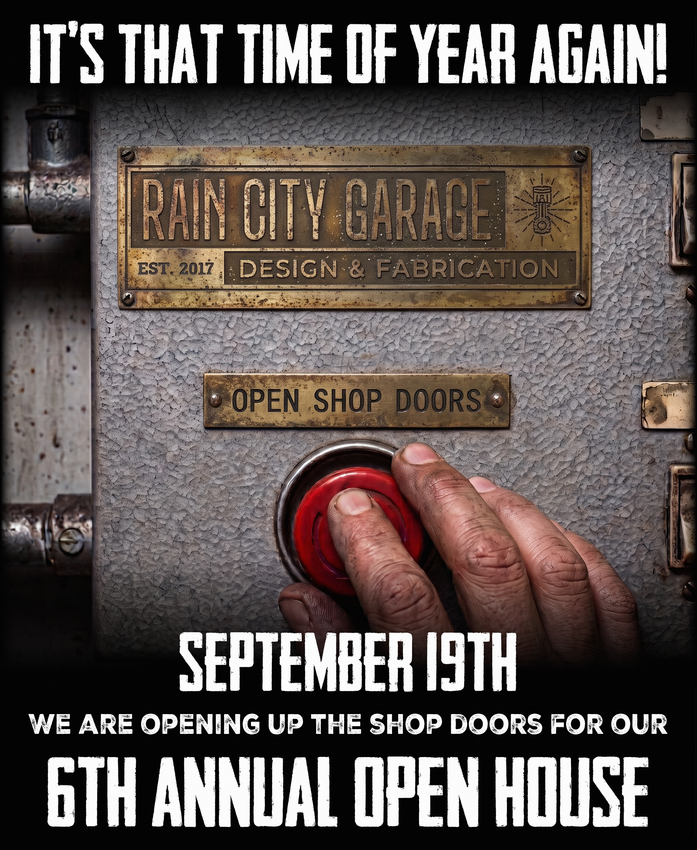 Sept. 19 open shop door promo with a hand on a red button and rustic metal sign for a garage open house