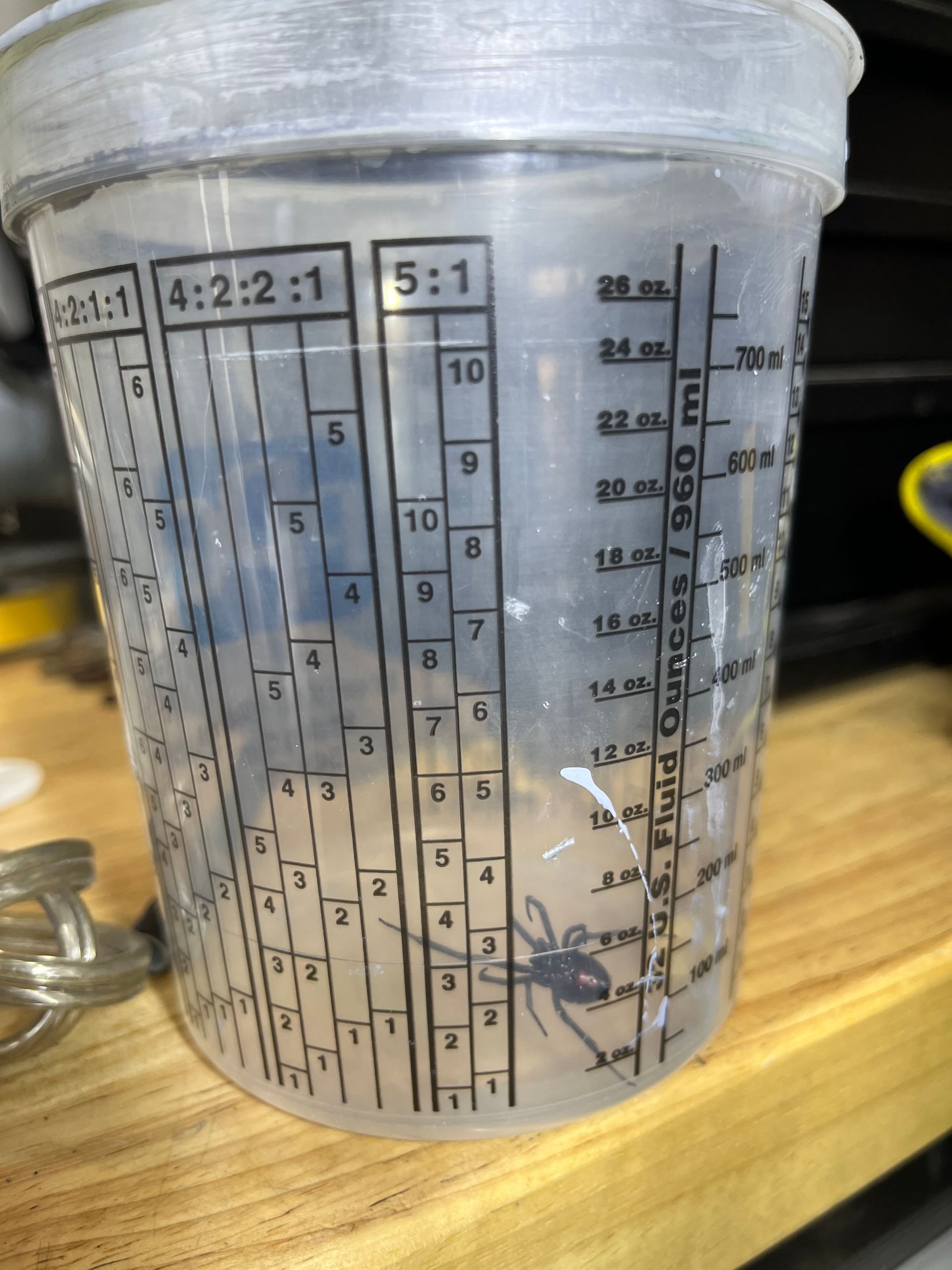 Clear plastic measuring cup with printed metric and ratio markings on a wooden surface.