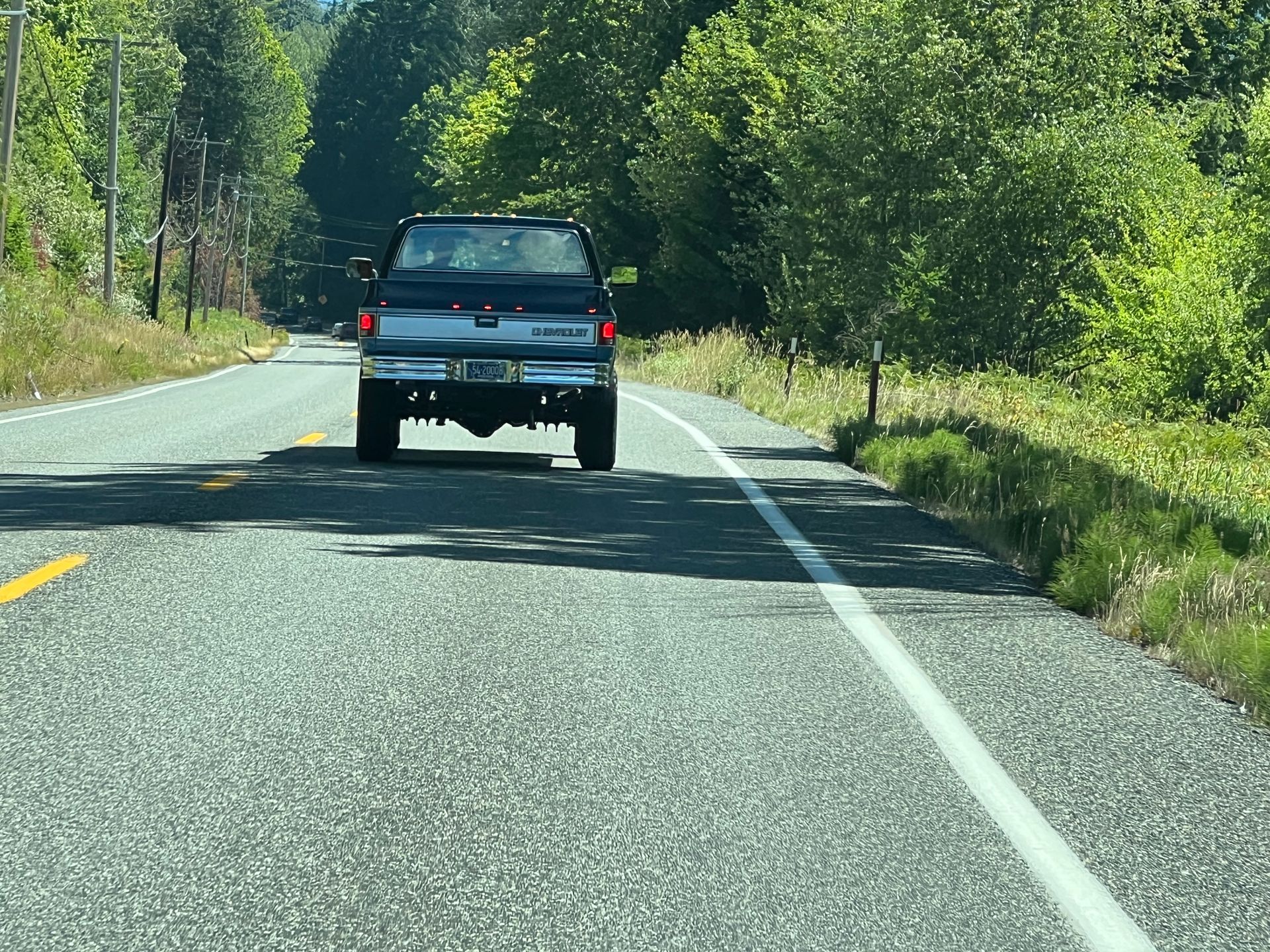 Pickup truck driving on a winding rural road beside green trees and grass