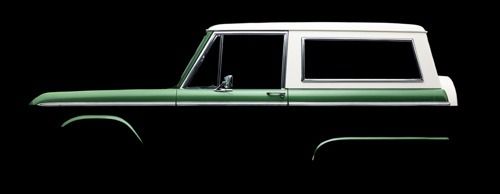 Side view of a green-and-white vintage SUV on a black background