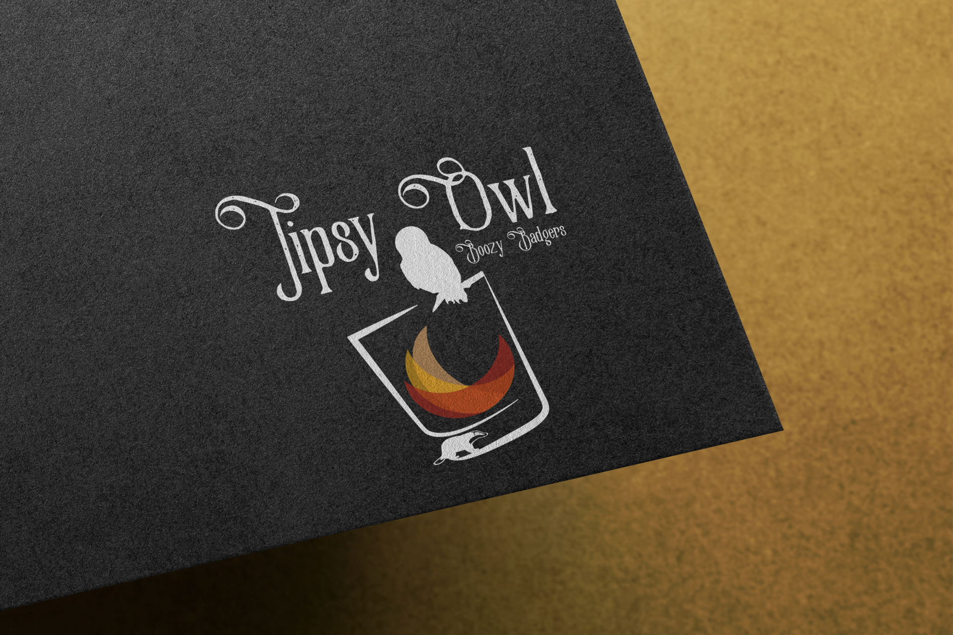 Tipsy Owl logo on a black textured background; a white owl over a crescent moon cocktail.