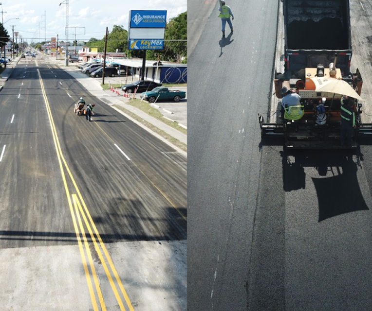 Newly paved and striped roadway with double yellow centerline in San Antonio, TX