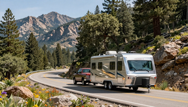 RV towing a car on a winding mountain road with pine trees and rocky peaks under a clear sky