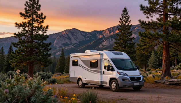 White camper van parked by pine trees at sunset with mountains in the background
