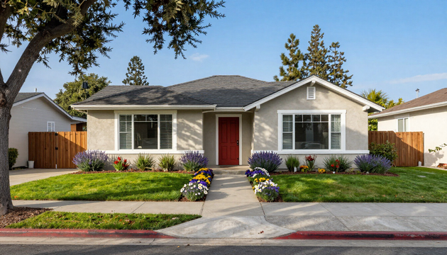 Single-story gray house with a red front door, manicured lawn, and flower beds along a sidewalk.