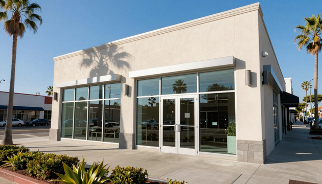 Empty storefront with large glass windows and palm trees outside on a sunny street.