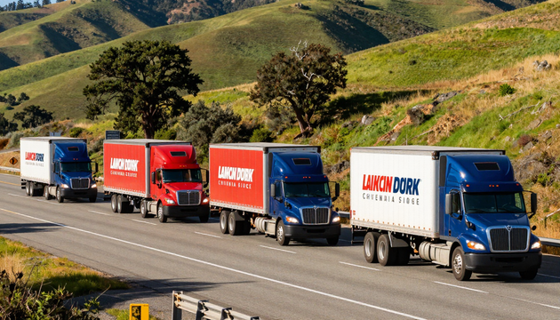 Five delivery trucks lined up on a highway beside green hills and trees