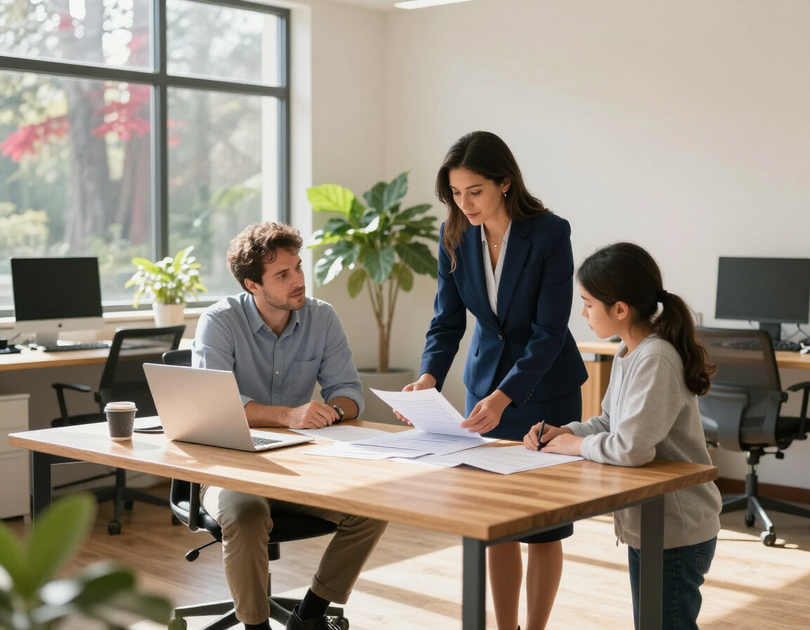 Three coworkers review documents at a sunlit office desk with laptops and papers.