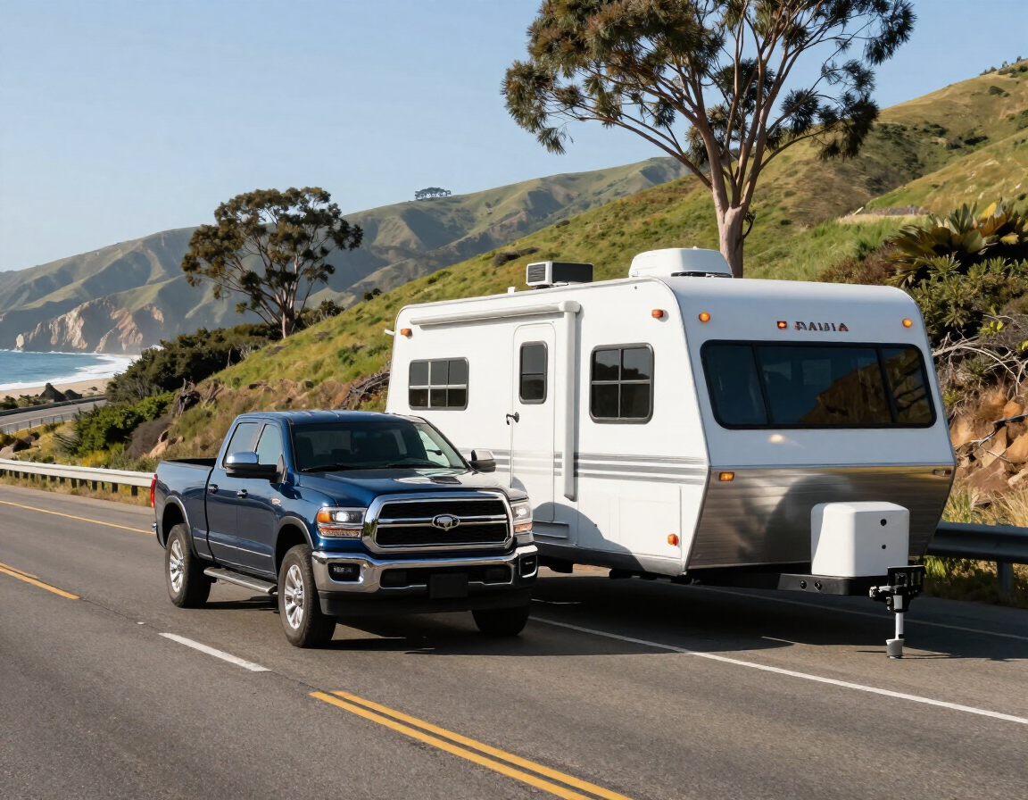 Blue pickup towing a white camper trailer on a coastal road with hills and ocean in the background