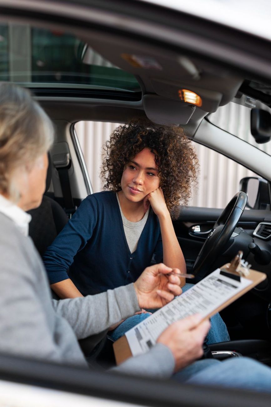 Instructor reviewing paperwork with a driver inside a car during a lesson