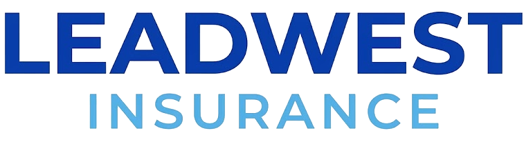LeadWest Insurance logo in blue and light blue text on a white background