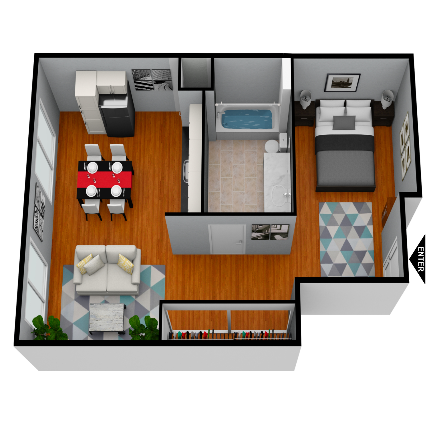 A 3d floor plan of a house with a bedroom , living room , dining room , and bathroom.