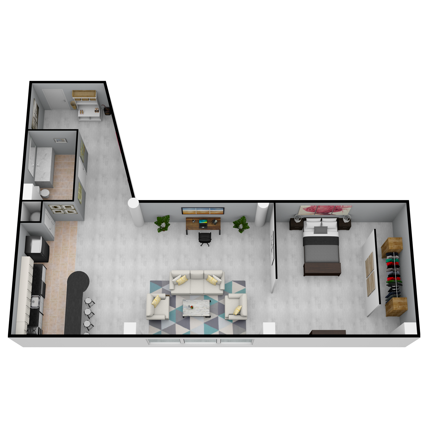 A 3d floor plan of a house with a living room , bedroom , and kitchen.