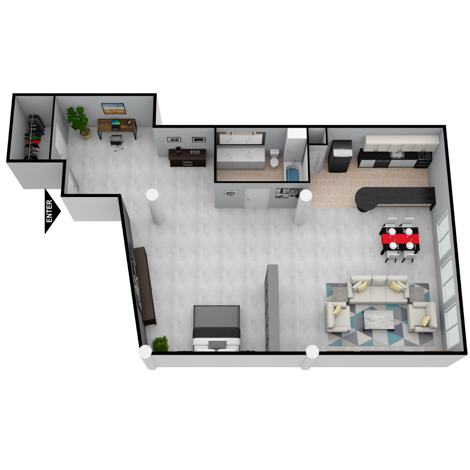 An aerial view of a floor plan of a house.