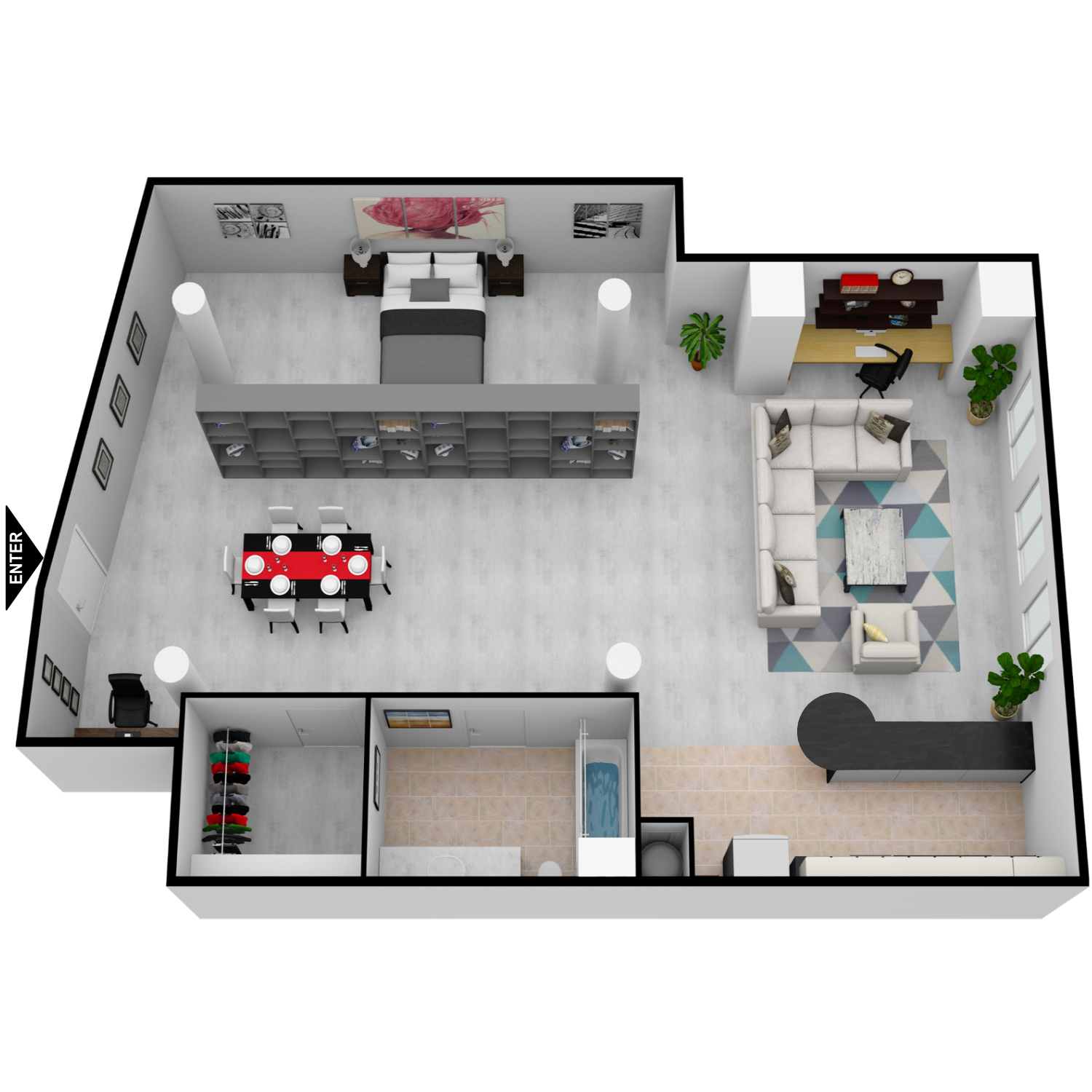 A 3d floor plan of a house with a living room , dining room , and bedroom.