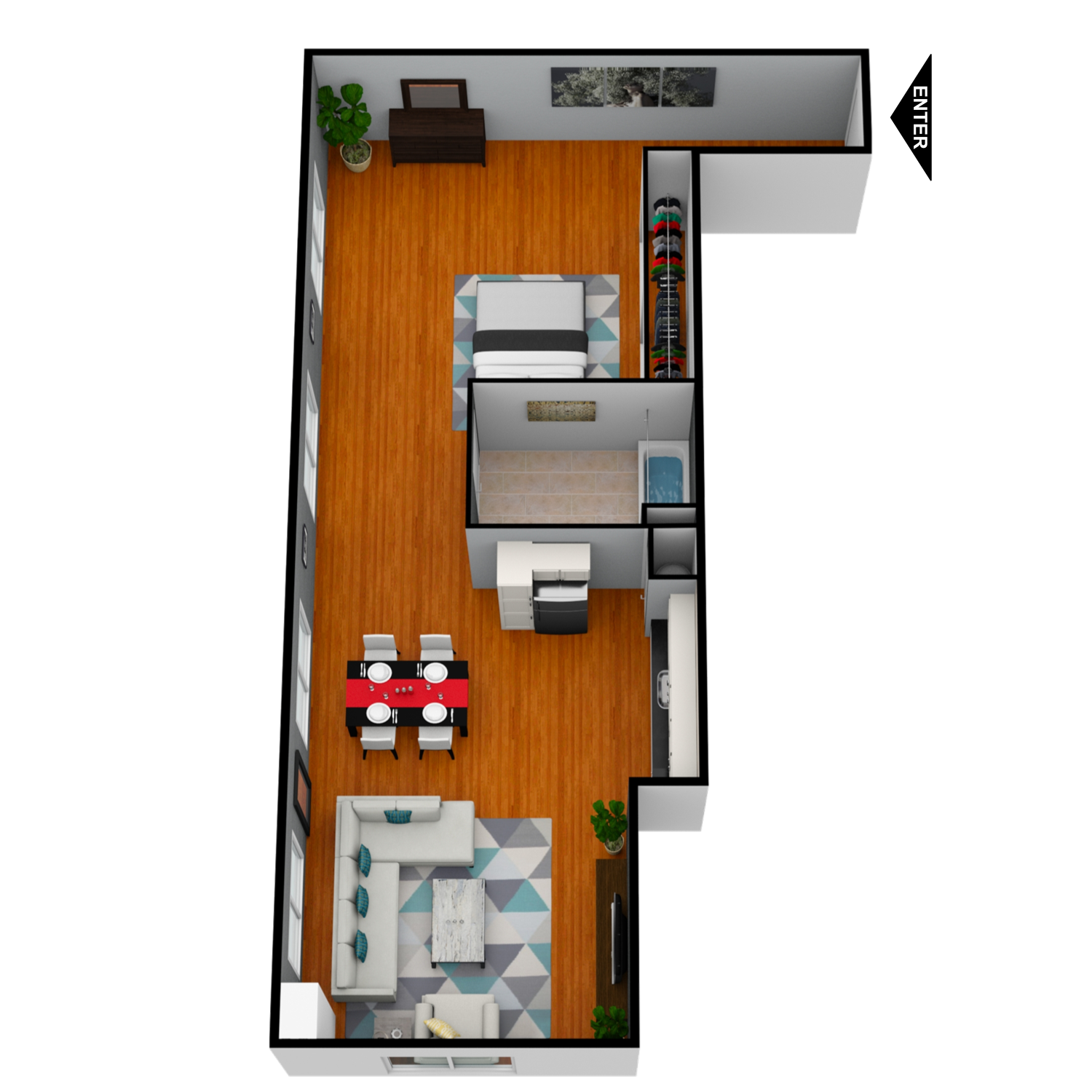 A 3d floor plan of a small apartment with hardwood floors.