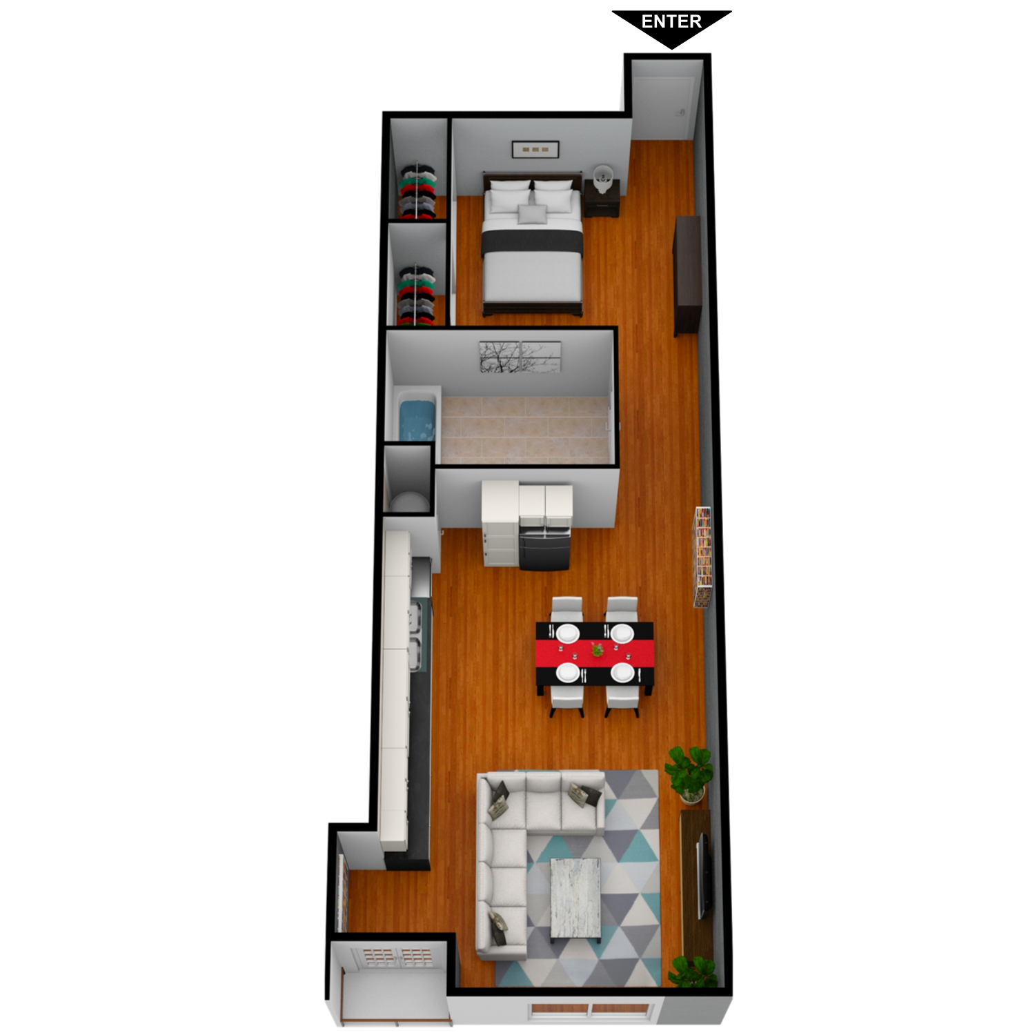 A 3d floor plan of a small apartment with hardwood floors