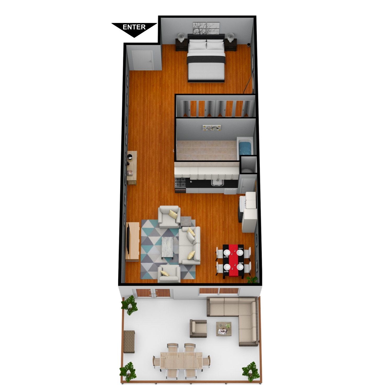 A 3d floor plan of a house with a balcony