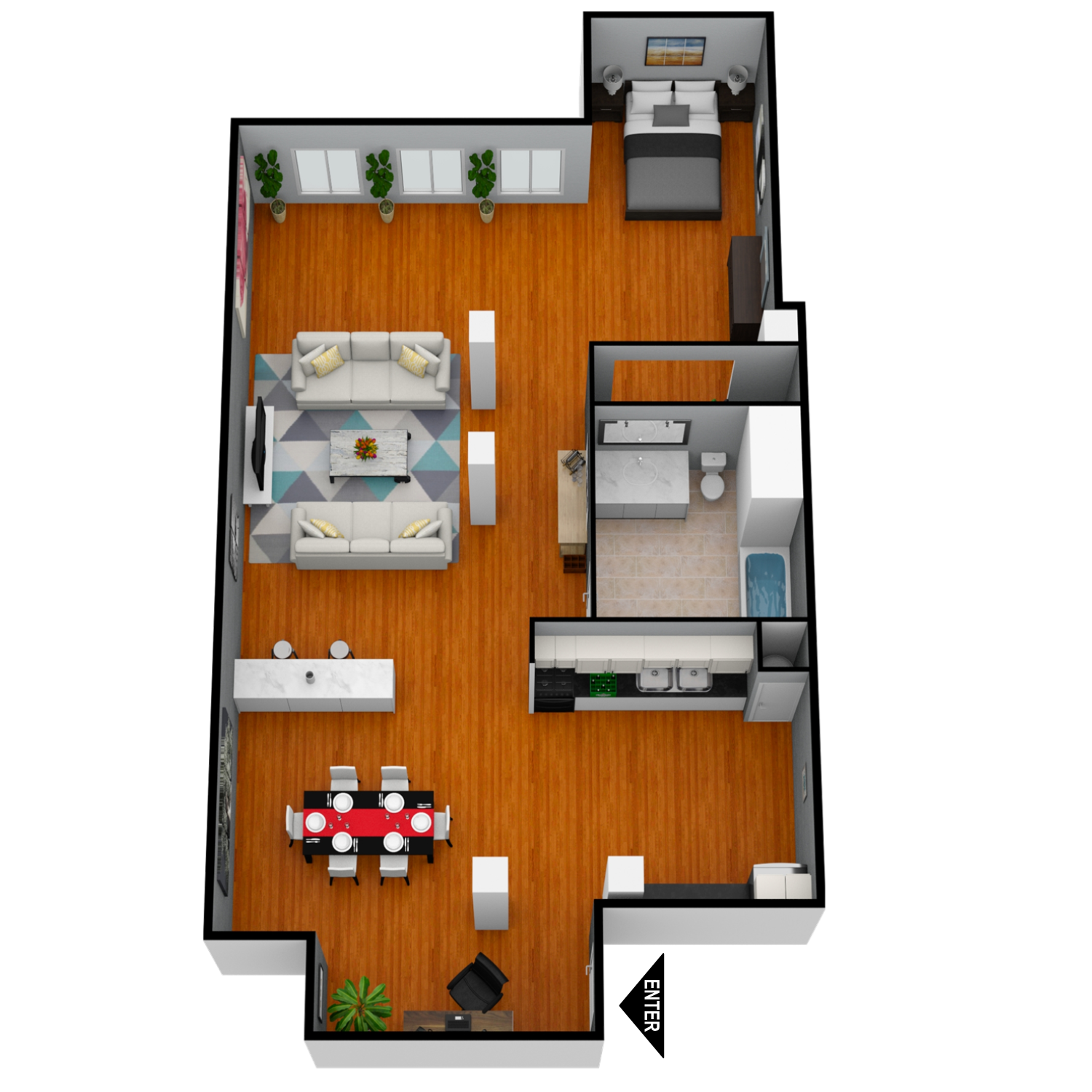 A 3d floor plan of a house with hardwood floors