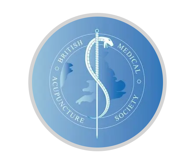 Logo of British Medical Acupuncture Society. Blue circle with map of Great Britain. White snake entwined around a needle.