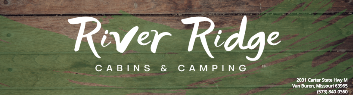 River Ridge Cabins & Camping logo on a green hillside background with small white contact text