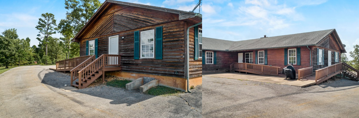 Two rustic cabins in a wooded area, one with a porch and the other a long single-story building
