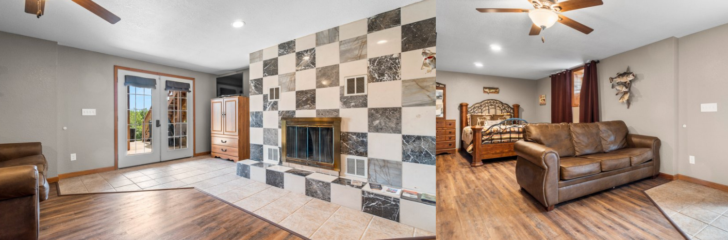 Open living room with checkered tile accent wall, hardwood floors, brown sofa, and ceiling fan.