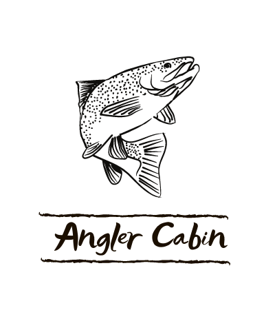Black-and-white fish logo above the words “Angler Cabin”
