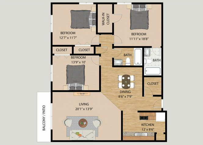 Apartment floor plan with living room, kitchen, dining area, two bedrooms, closets, bath, and balcony.