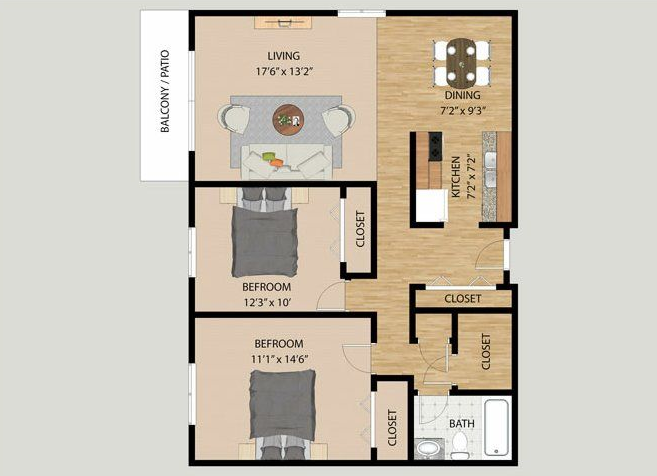 Apartment floor plan with 2 bedrooms, 2 baths, kitchen, dining, living room, closets, and balcony.