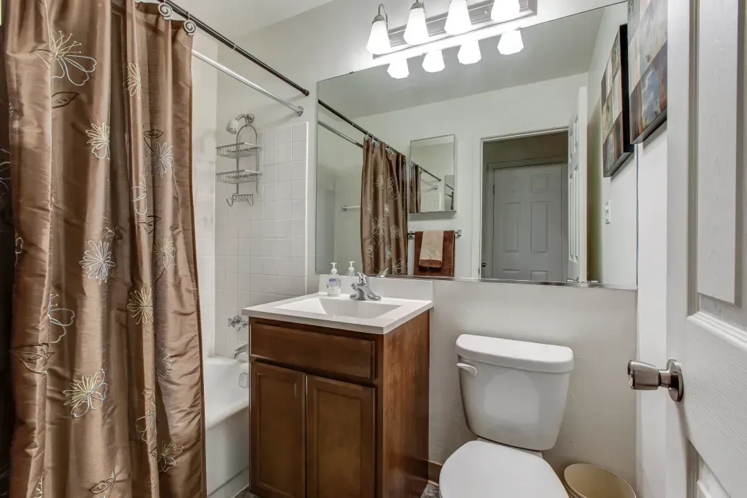 Small bathroom with shower curtain, wood vanity, toilet, and mirror above sink.
