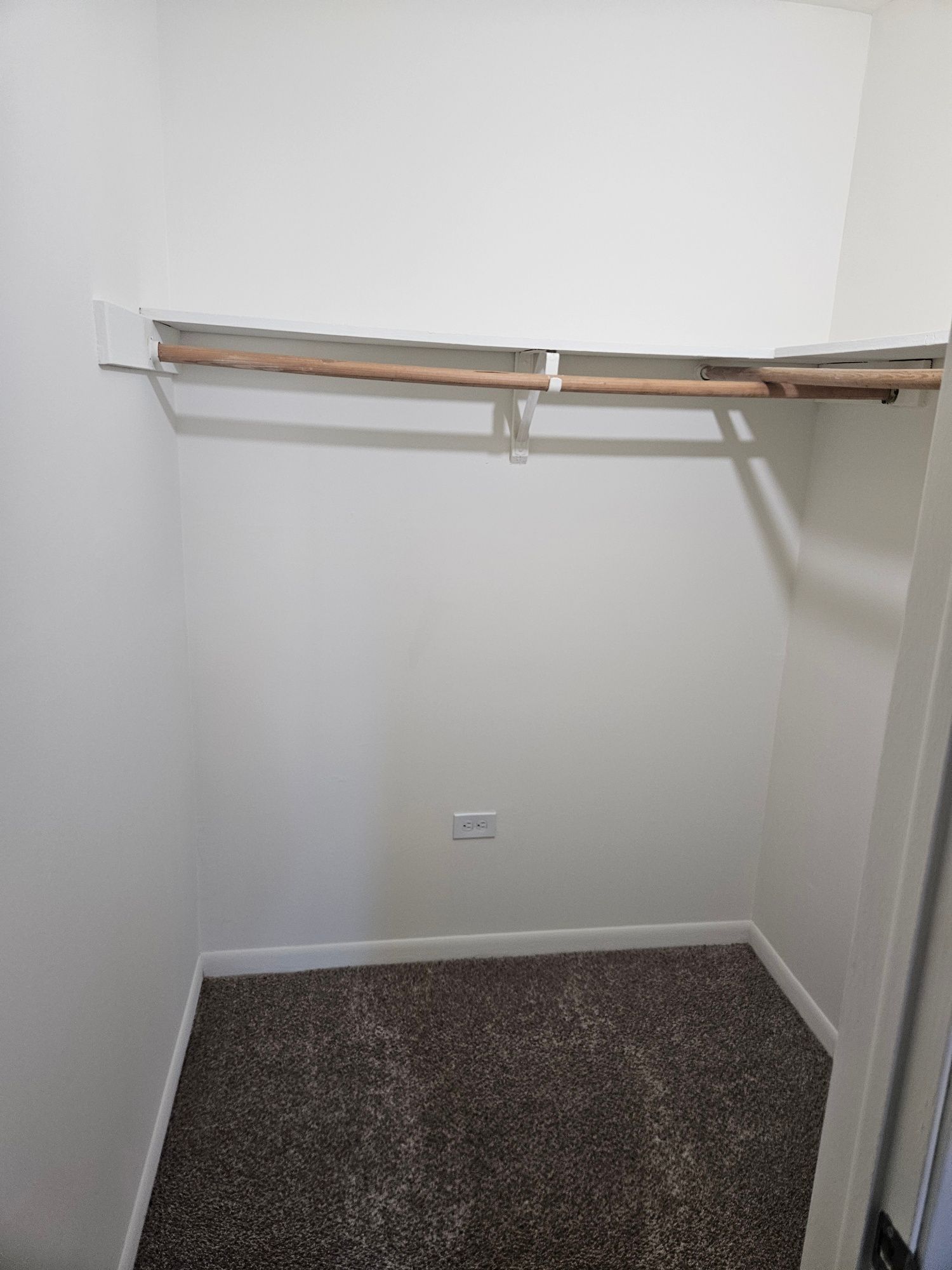 Empty walk-in closet with white walls, a hanging rod, and dark carpet flooring.
