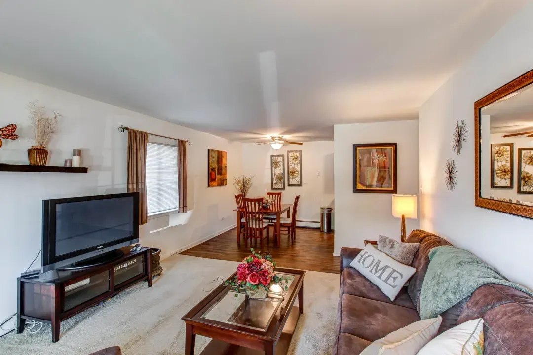 Bright living room with TV, sofa, coffee table, dining area, and wall art