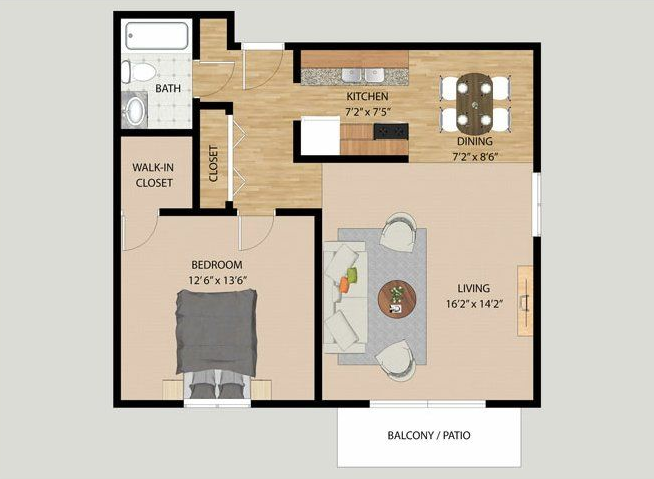 Studio apartment floor plan with kitchen, living area, bath, closet, and balcony/yard access