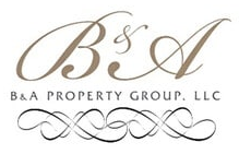 B&A Property Group, LLC logo with elegant gold script and decorative flourishes on a white background