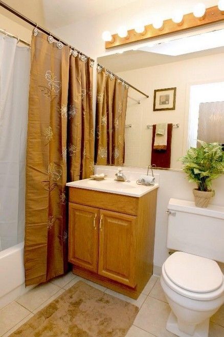 Small bathroom with tan shower curtain, wood vanity, toilet, mirror, and a potted plant