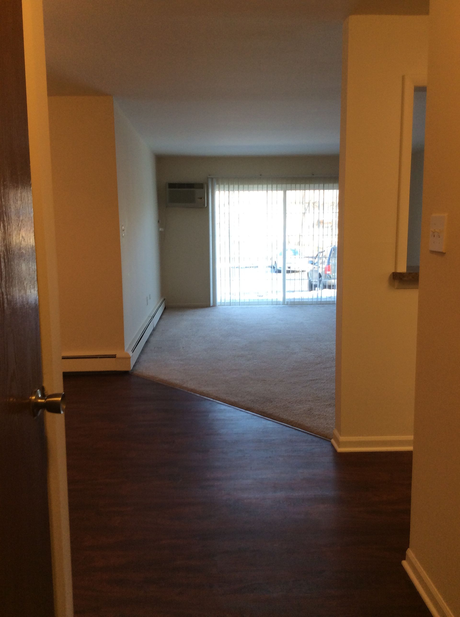 Hallway with dark wood floor leading to a carpeted living room and sliding glass door.